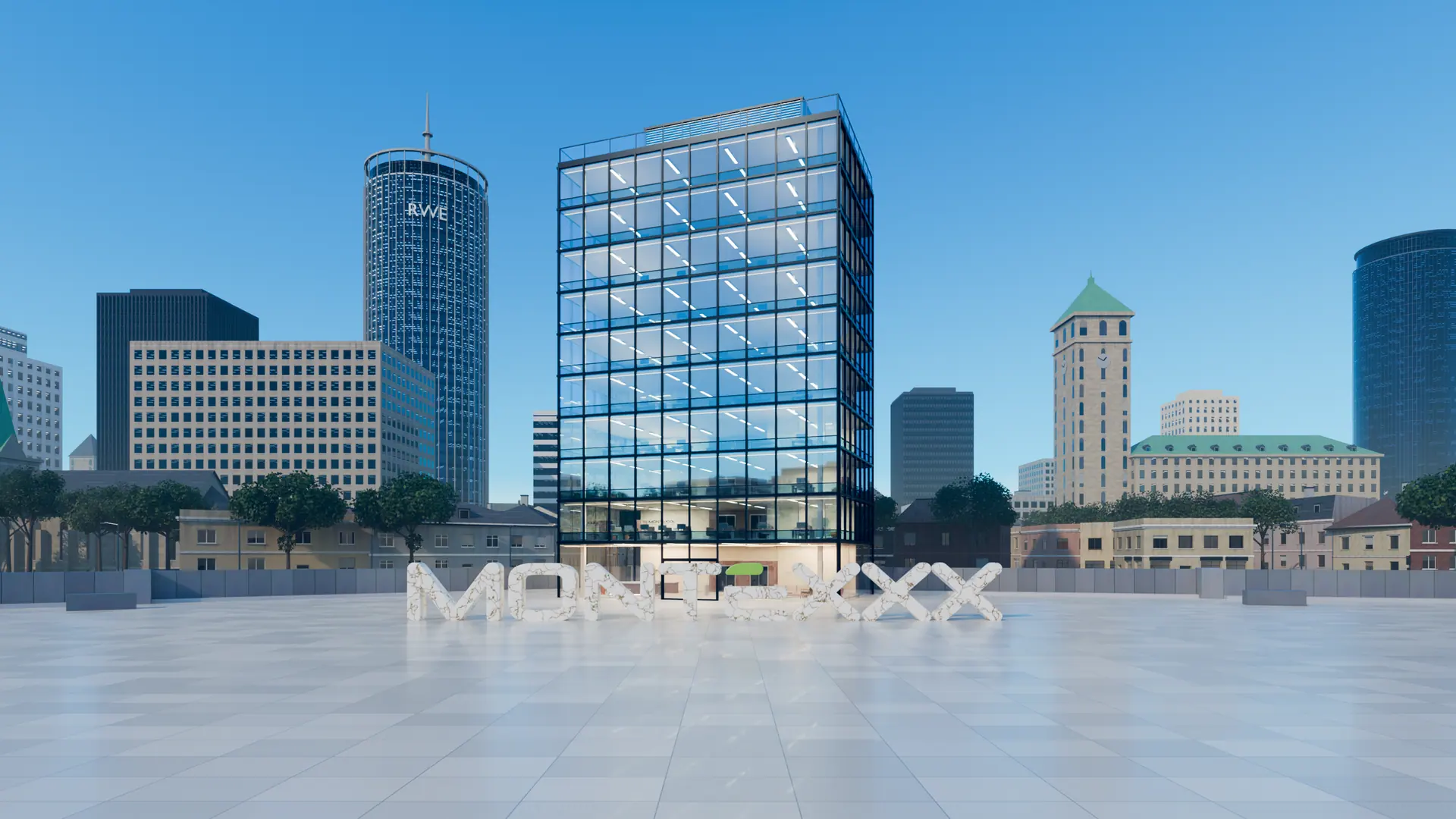 Der Schriftzug MONTEXXX aus hellem Marmor auf einem Platz, dahinter ein gläsernes Bürohochhaus vor der Stadt